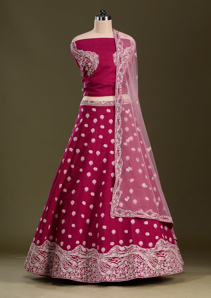 Maroon Cording Raw Silk Semi-Stitched Lehenga