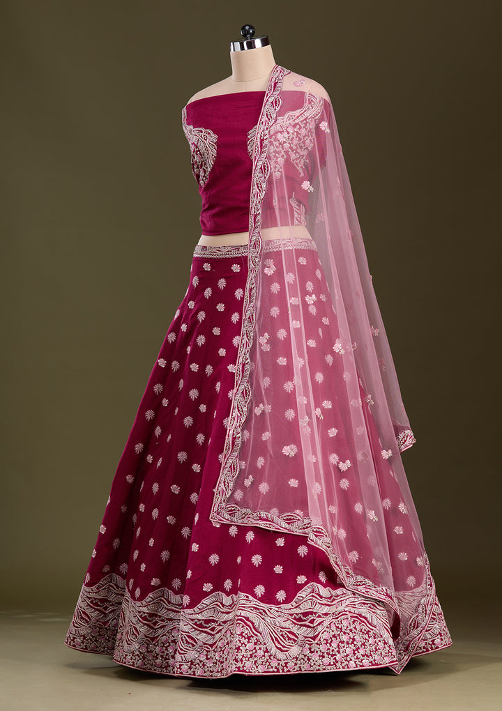 Maroon Cording Raw Silk Semi-Stitched Lehenga