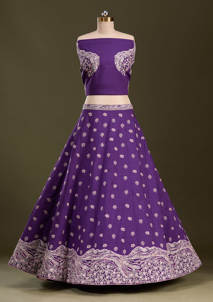 Purple Cording Raw Silk Semi-Stitched Lehenga
