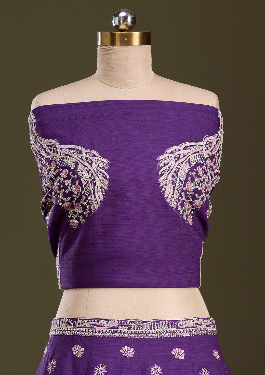 Purple Cording Raw Silk Semi-Stitched Lehenga