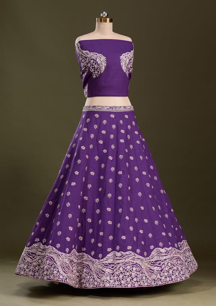 Purple Cording Raw Silk Semi-Stitched Lehenga