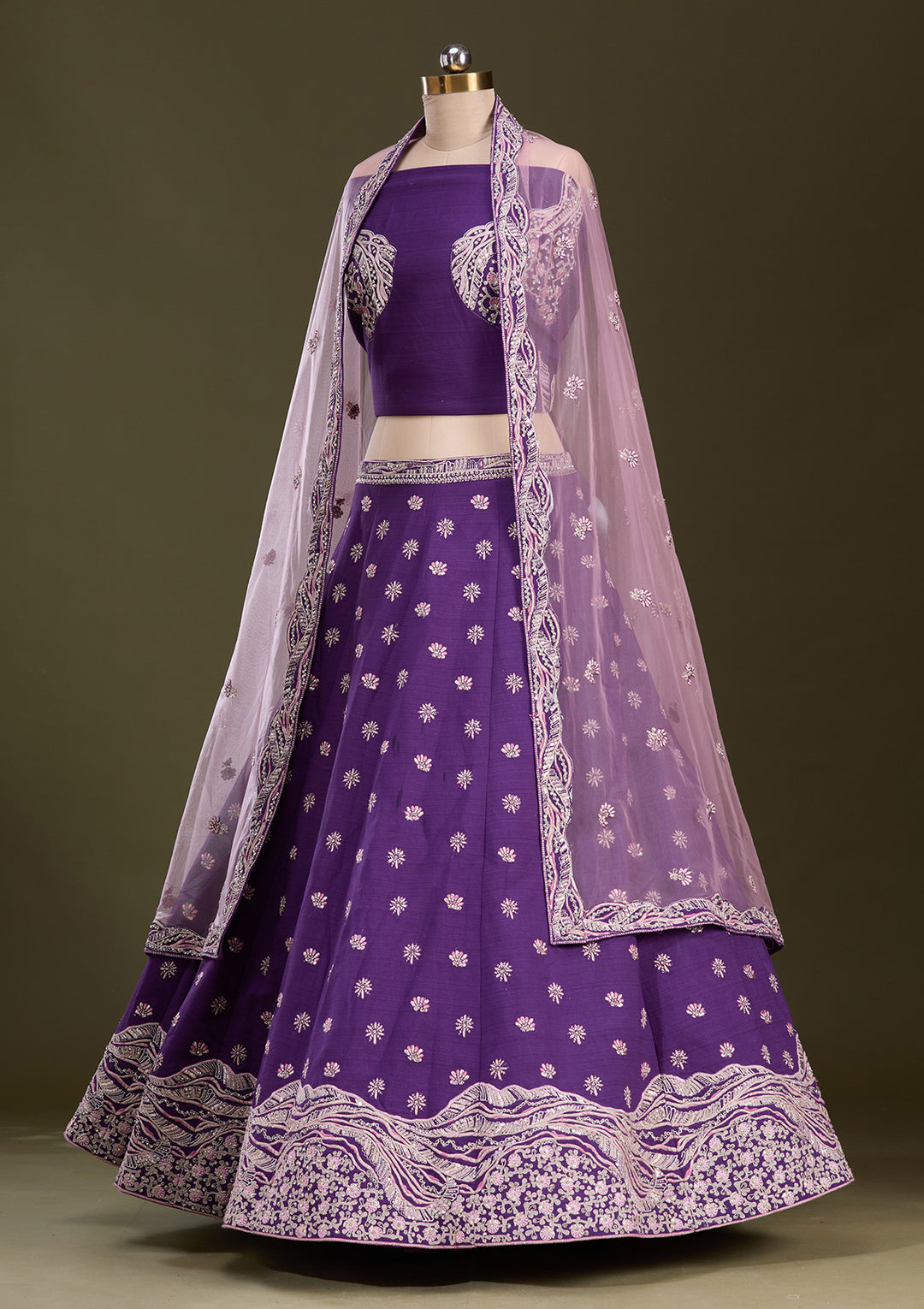 Purple Cording Raw Silk Semi-Stitched Lehenga