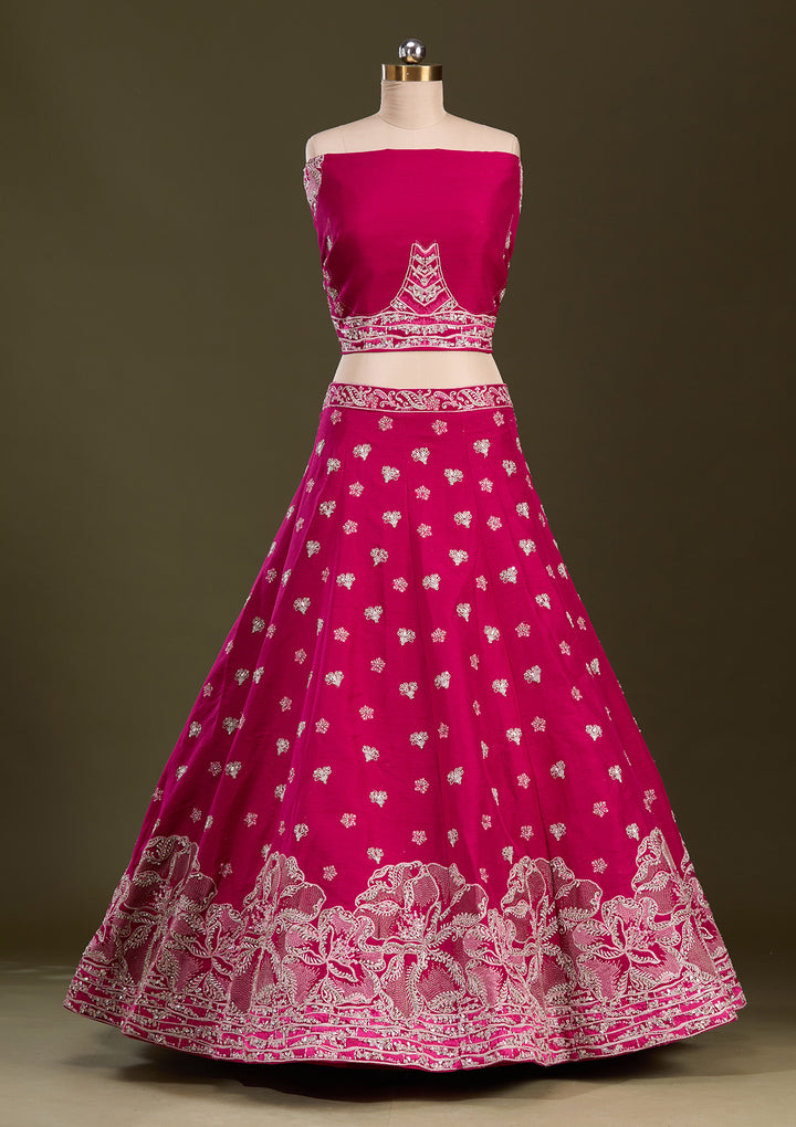 Rani Pink Cording Raw Silk Semi-Stitched Lehenga