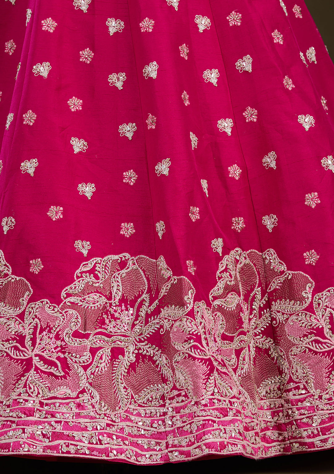 Rani Pink Cording Raw Silk Semi-Stitched Lehenga