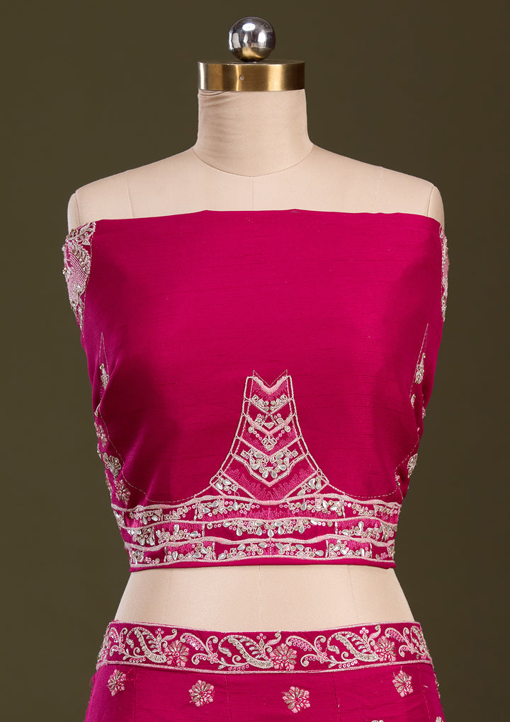 Rani Pink Cording Raw Silk Semi-Stitched Lehenga