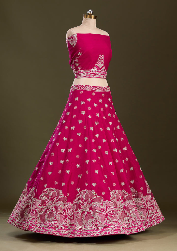 Rani Pink Cording Raw Silk Semi-Stitched Lehenga