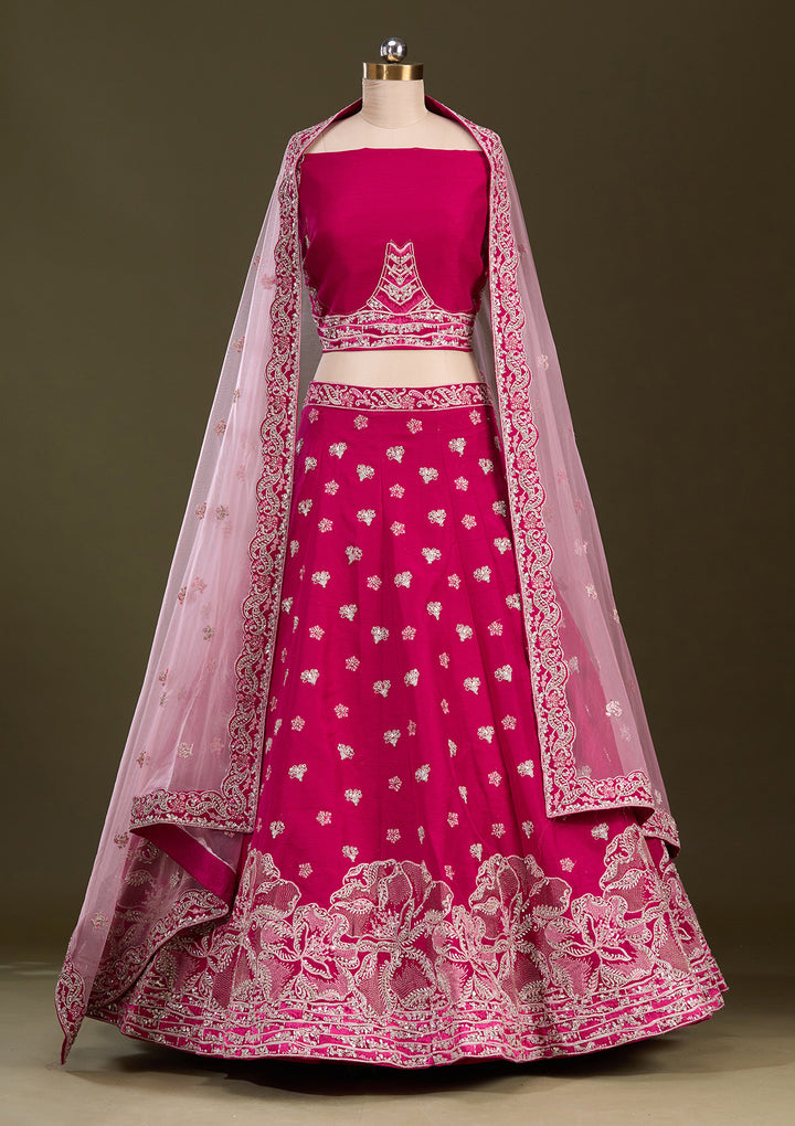 Rani Pink Cording Raw Silk Semi-Stitched Lehenga