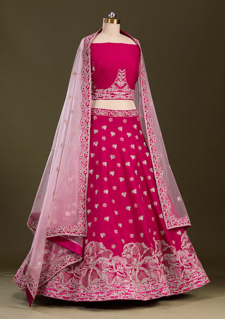 Rani Pink Cording Raw Silk Semi-Stitched Lehenga