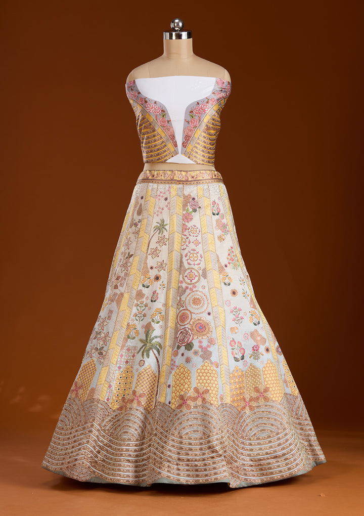 Yellow Stonework Soft Raw Silk Semi-Stitched Lehenga