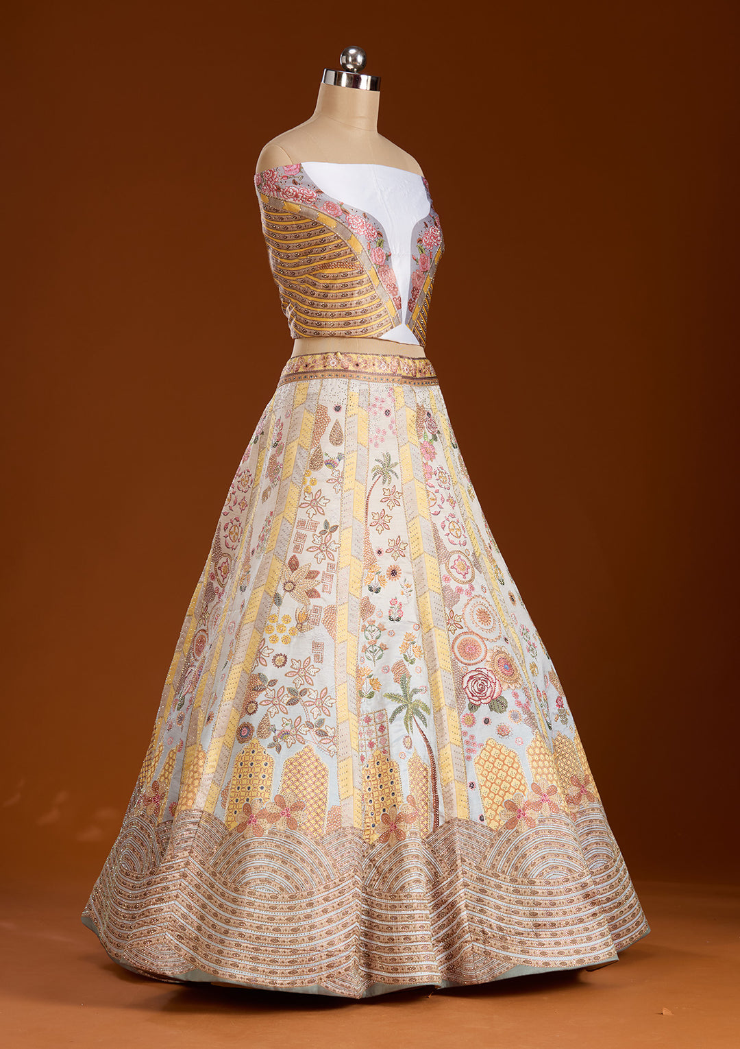 Yellow Stonework Soft Raw Silk Semi-Stitched Lehenga