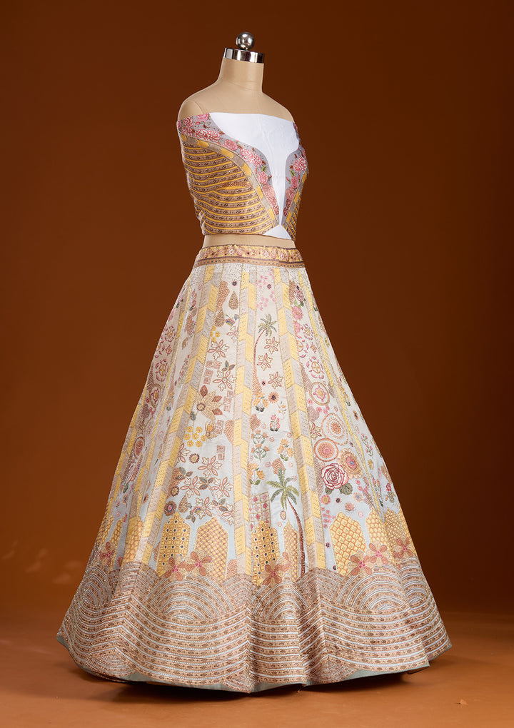 Yellow Stonework Soft Raw Silk Semi-Stitched Lehenga