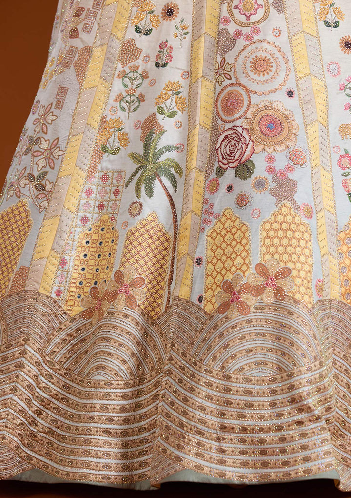 Yellow Stonework Soft Raw Silk Semi-Stitched Lehenga