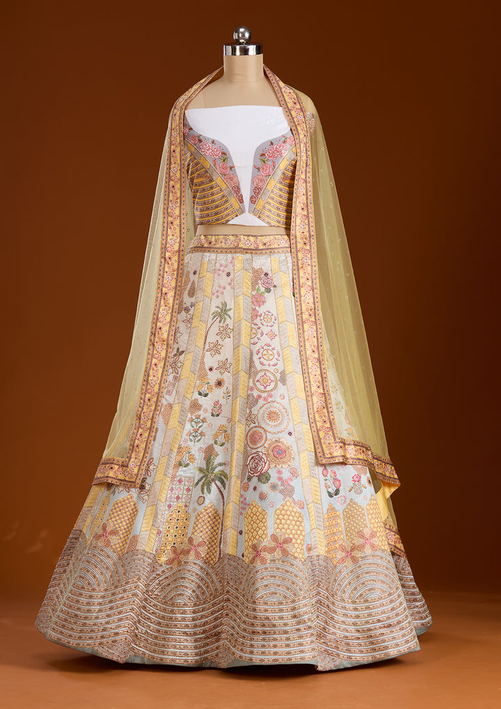 Yellow Stonework Soft Raw Silk Semi-Stitched Lehenga