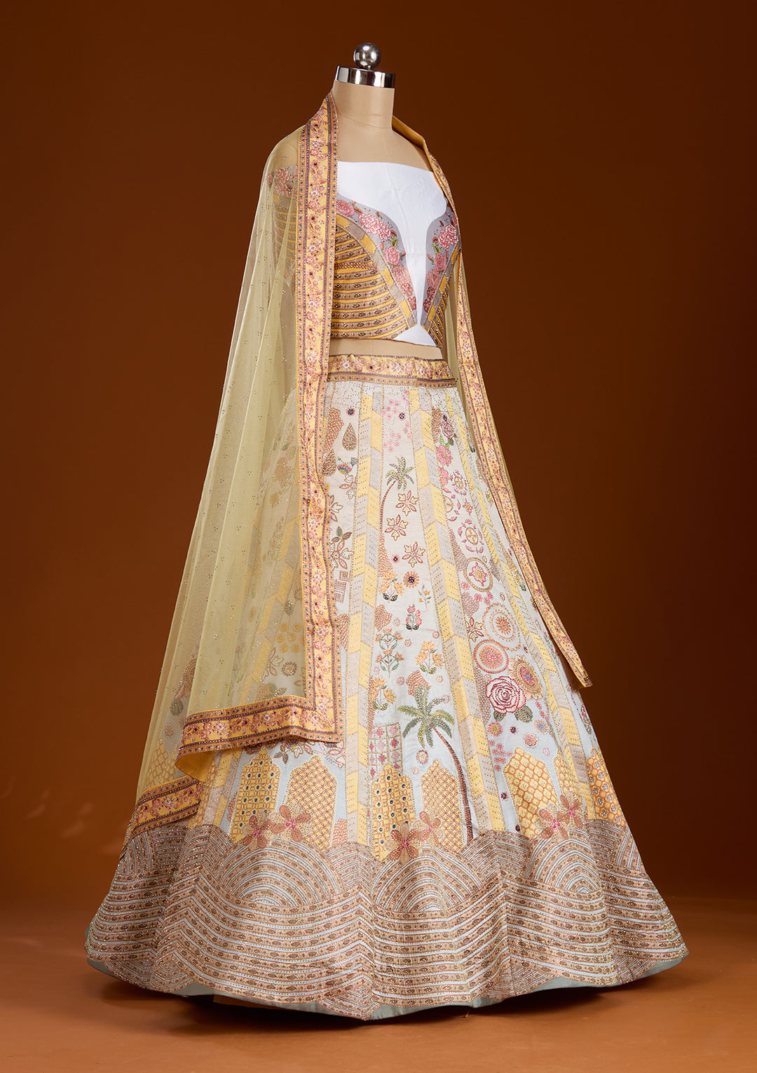 Yellow Stonework Soft Raw Silk Semi-Stitched Lehenga