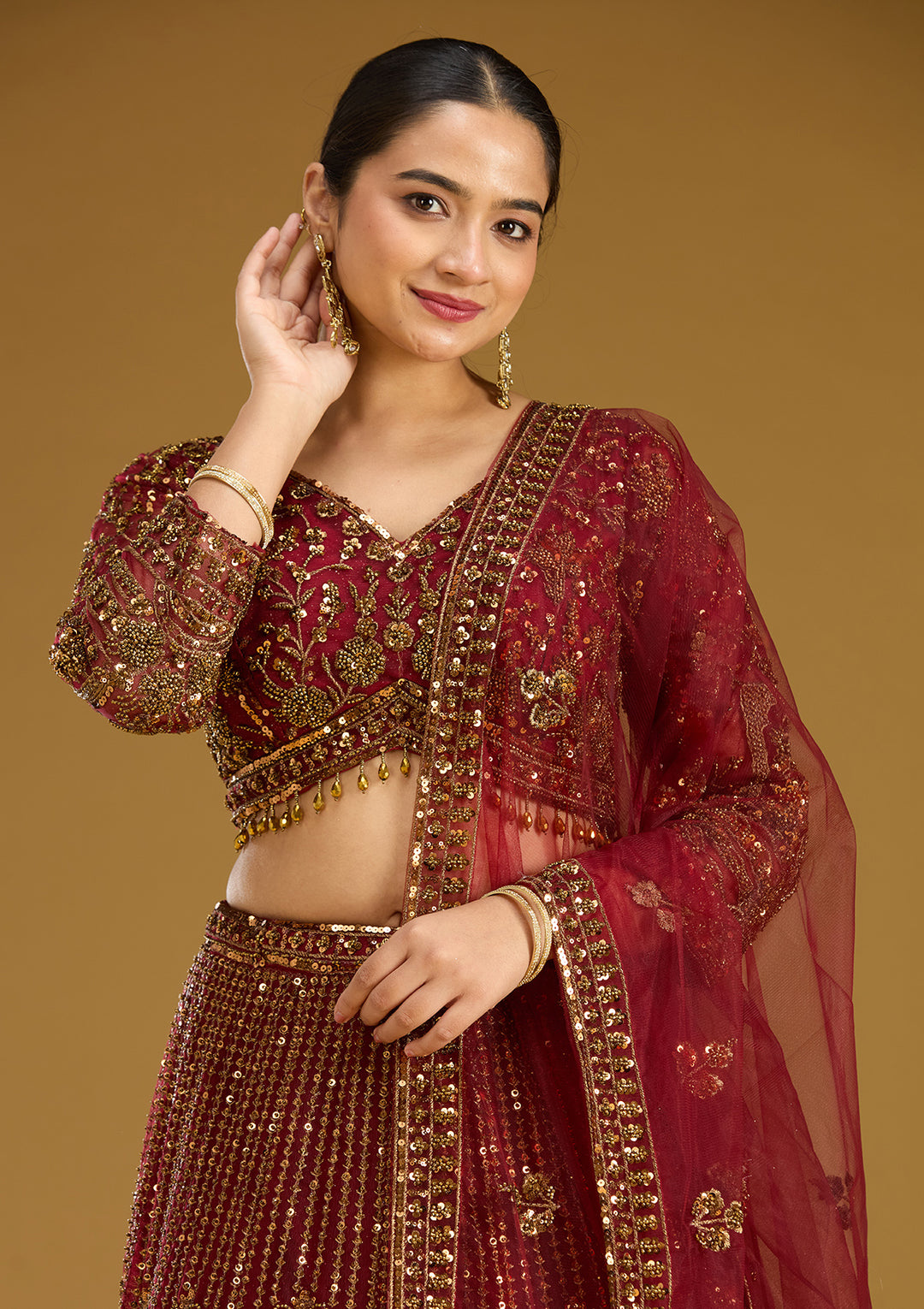 Maroon Cutdana Net Readymade Lehenga