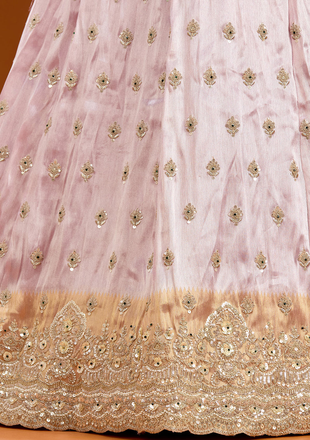 Onion Pink Stonework (Gold) Tissue Readymade Lehenga