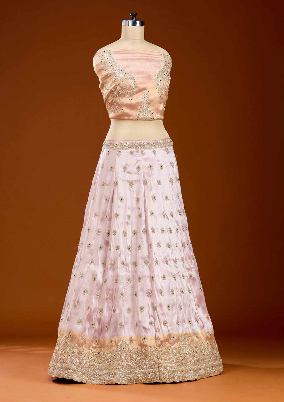 Onion Pink Stonework (Gold) Tissue Readymade Lehenga
