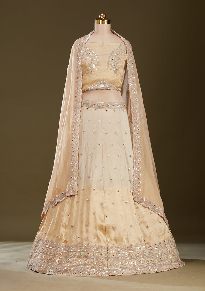 Beige Stonework (Gold) Tissue Readymade Lehenga