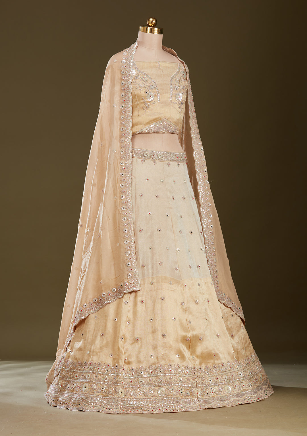 Beige Stonework (Gold) Tissue Readymade Lehenga