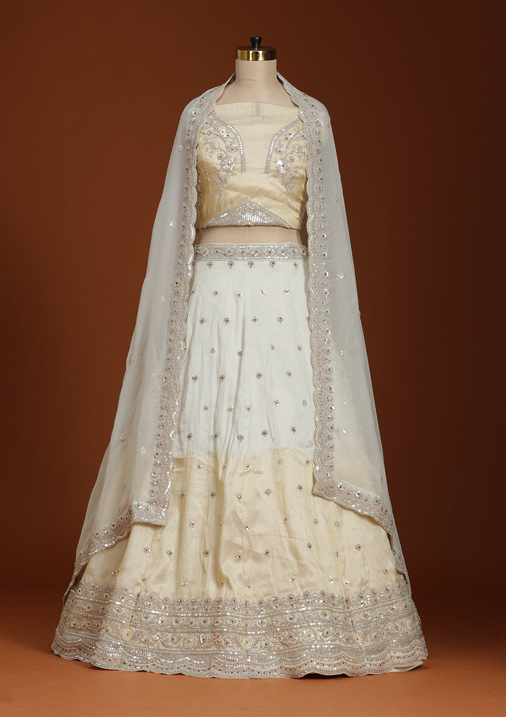 Cream Cording Tissue Semi-Stitched Lehenga
