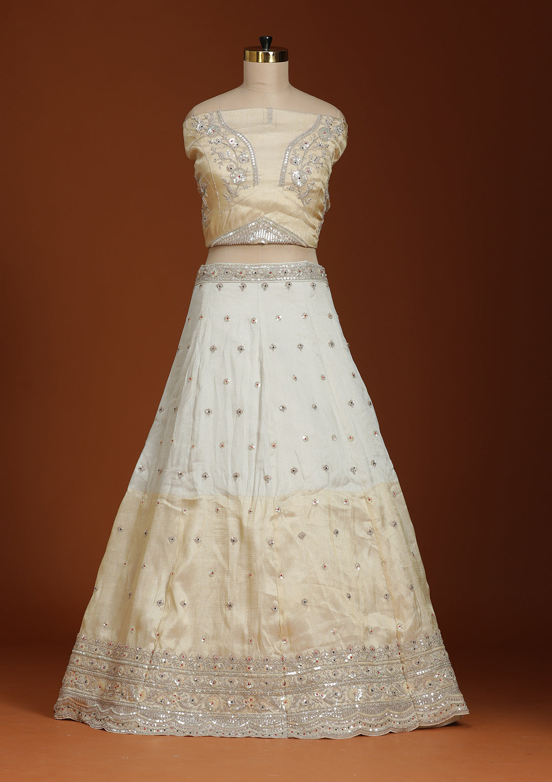 Cream Cording Tissue Semi-Stitched Lehenga