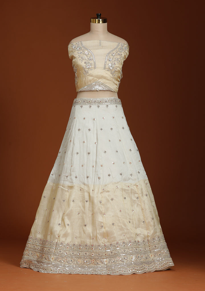Cream Cording Tissue Semi-Stitched Lehenga