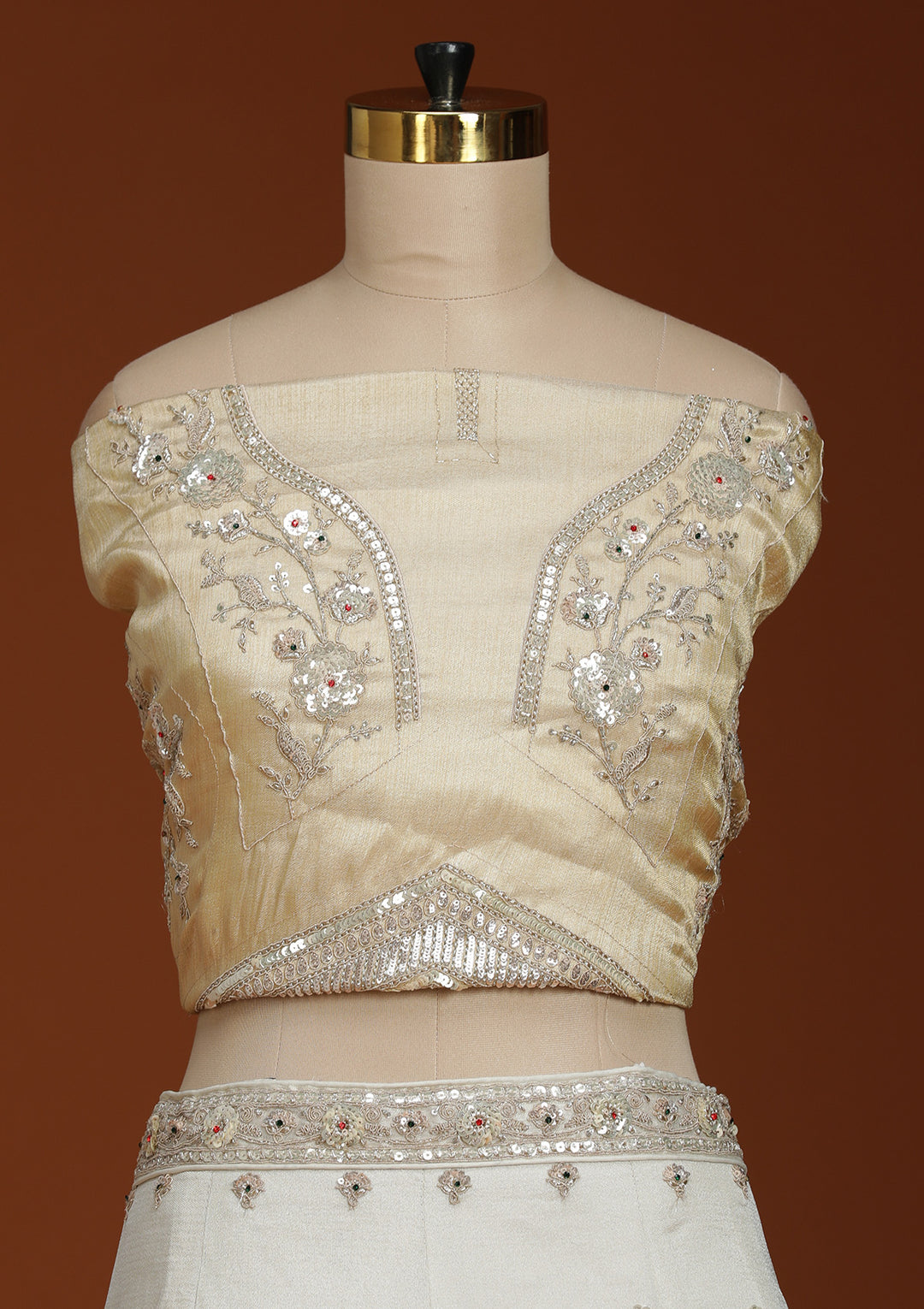 Cream Cording Tissue Semi-Stitched Lehenga