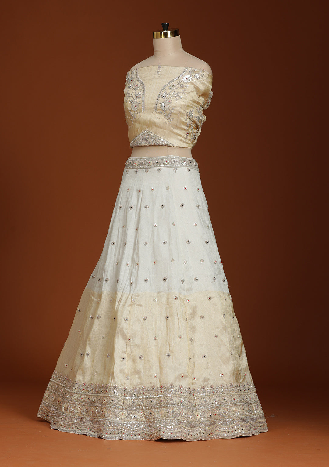 Cream Cording Tissue Semi-Stitched Lehenga