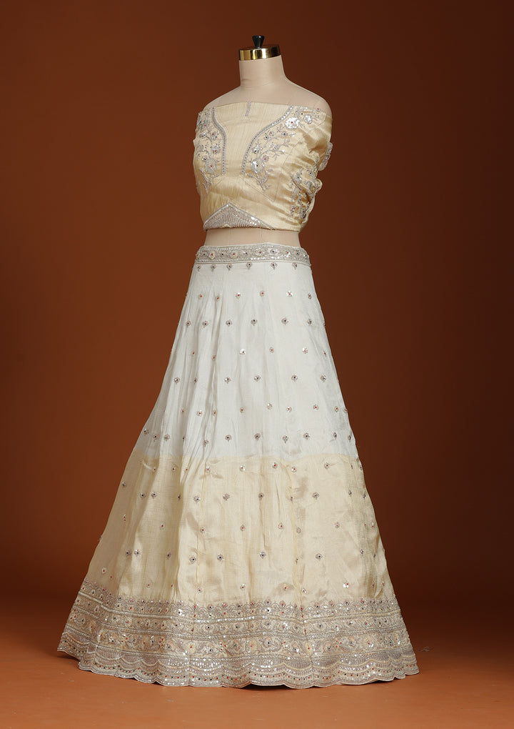 Cream Cording Tissue Semi-Stitched Lehenga