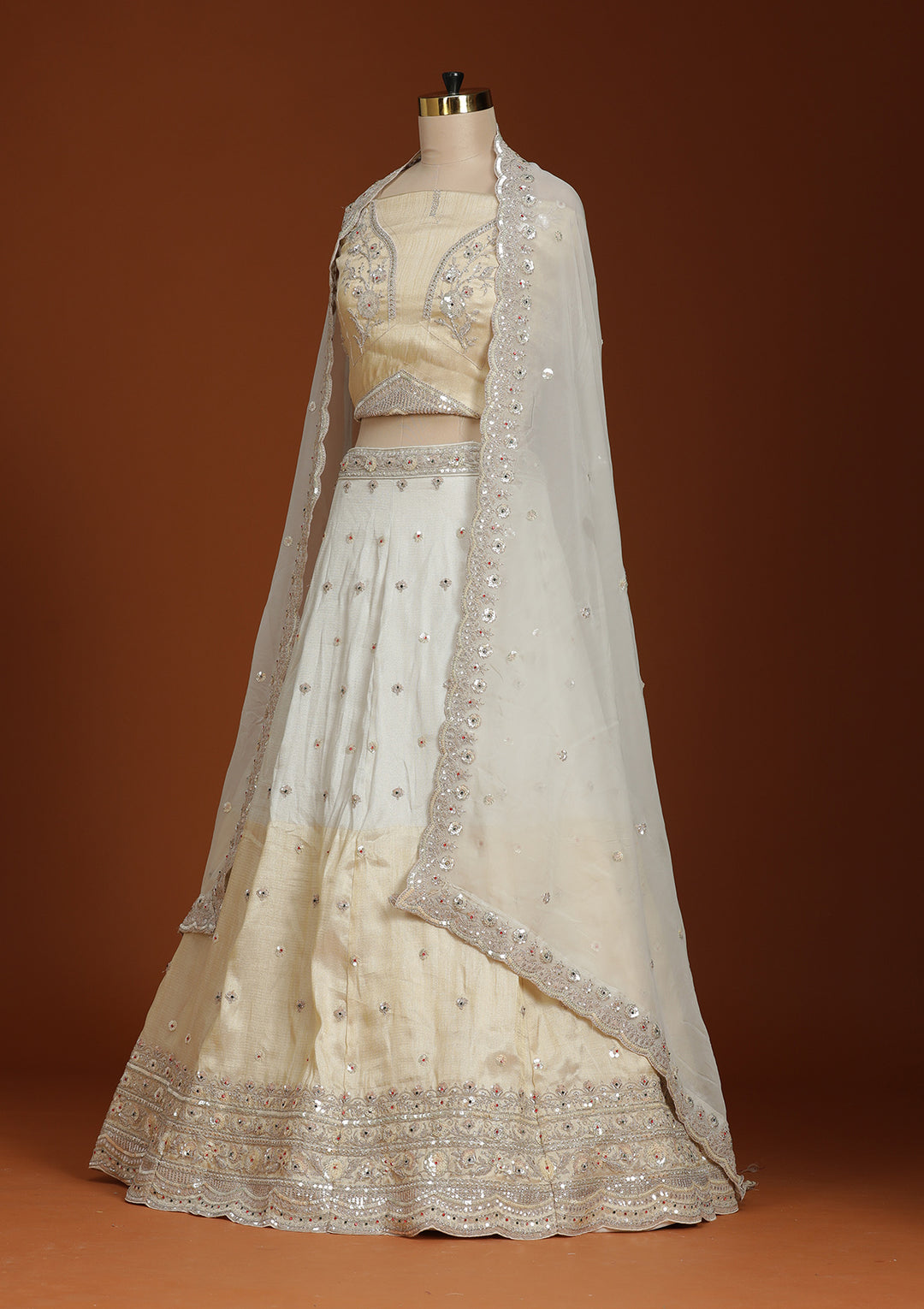 Cream Cording Tissue Semi-Stitched Lehenga