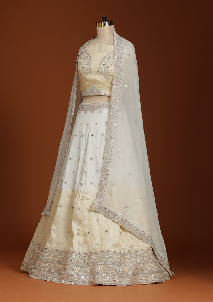 Cream Cording Tissue Semi-Stitched Lehenga