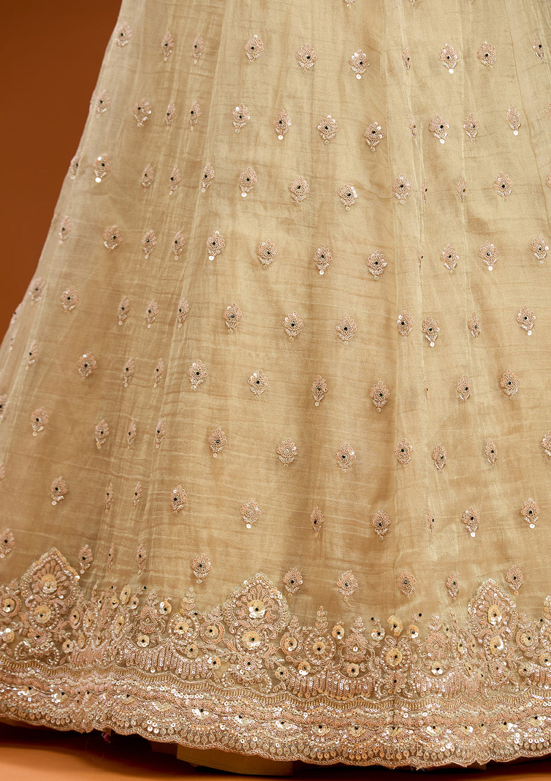 Beige Stonework (Gold) Tissue Readymade Lehenga
