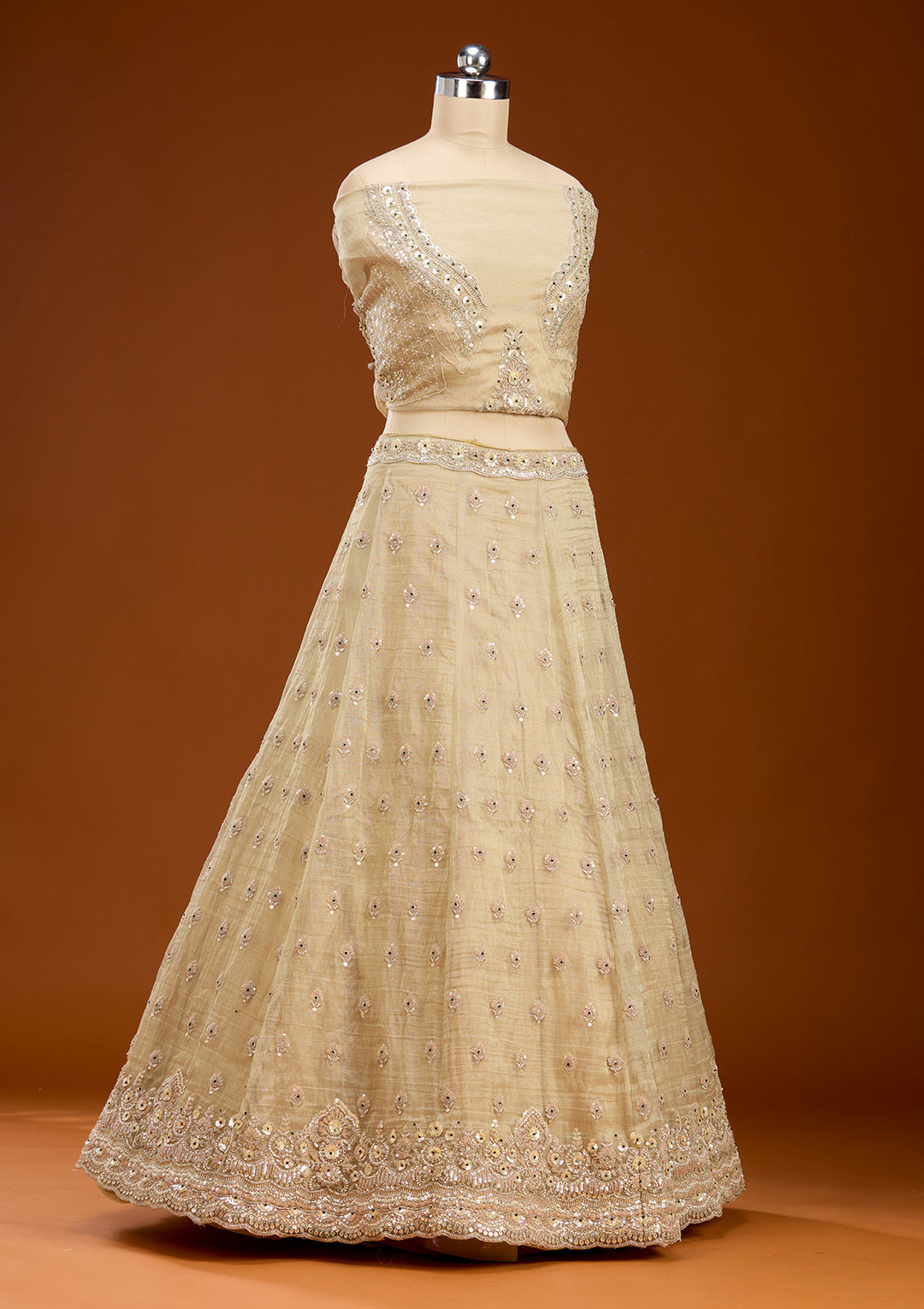 Beige Stonework (Gold) Tissue Readymade Lehenga