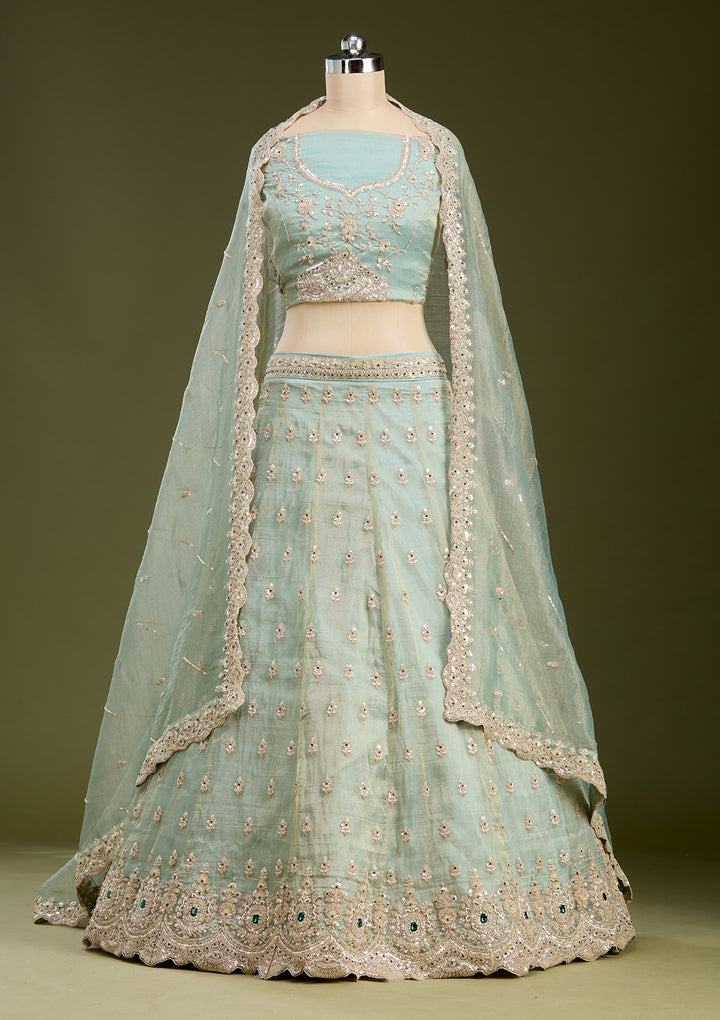 Sea Green Stonework (Gold) Tissue Readymade Lehenga