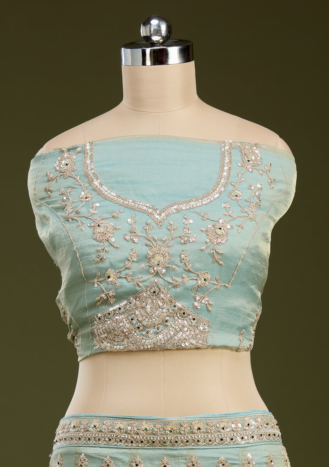Sea Green Stonework (Gold) Tissue Readymade Lehenga