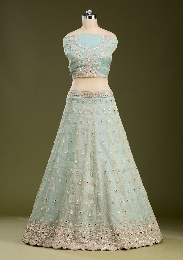 Sea Green Stonework (Gold) Tissue Readymade Lehenga