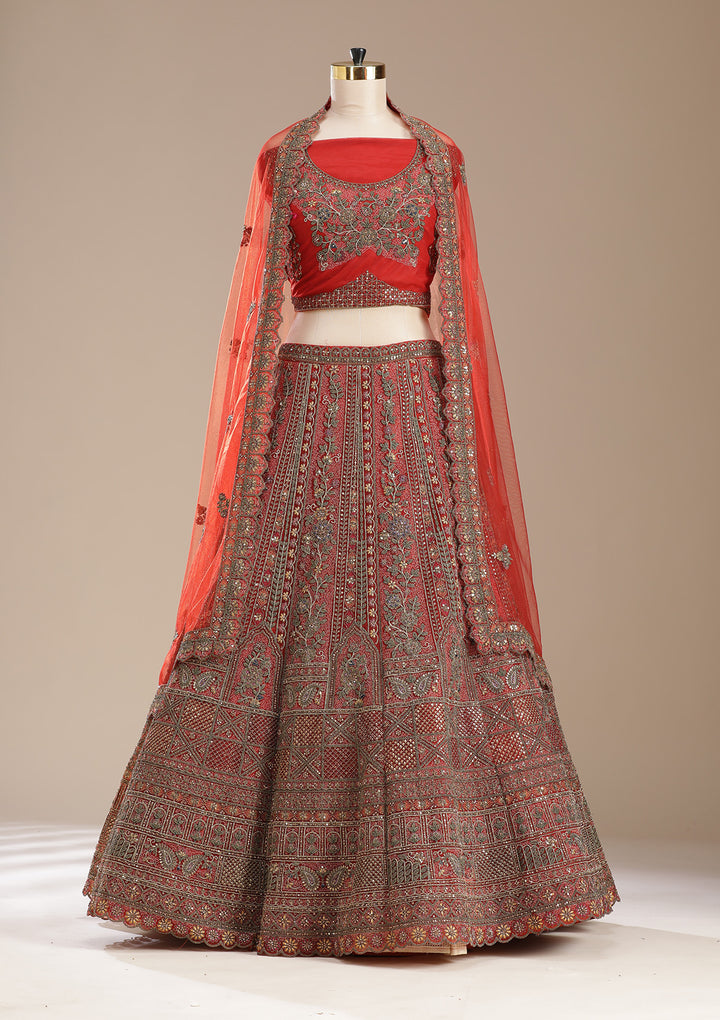 Rust Cording Net Semi-Stitched Lehenga