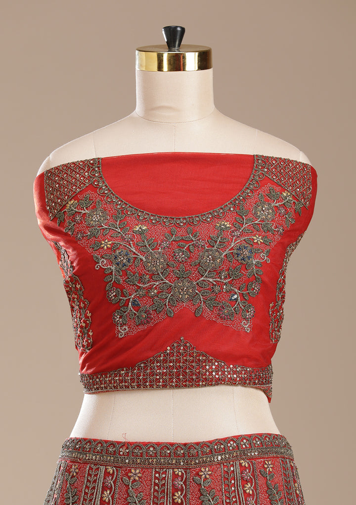 Rust Cording Net Semi-Stitched Lehenga