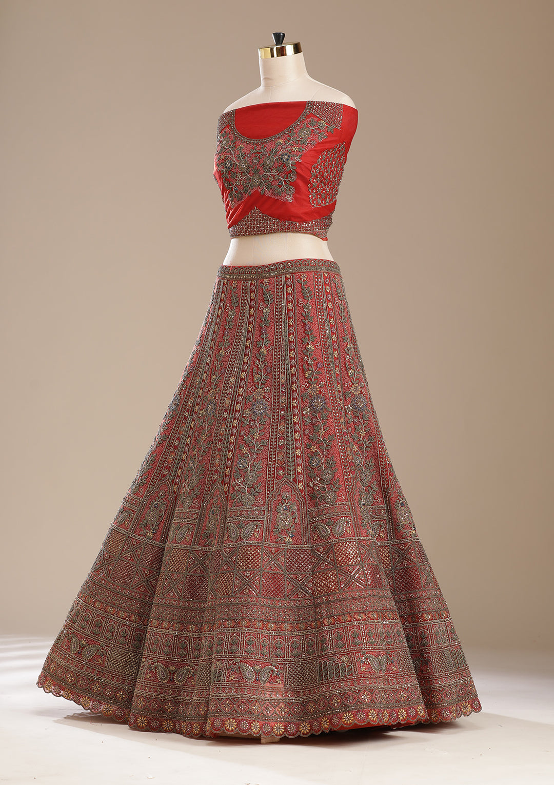 Rust Cording Net Semi-Stitched Lehenga