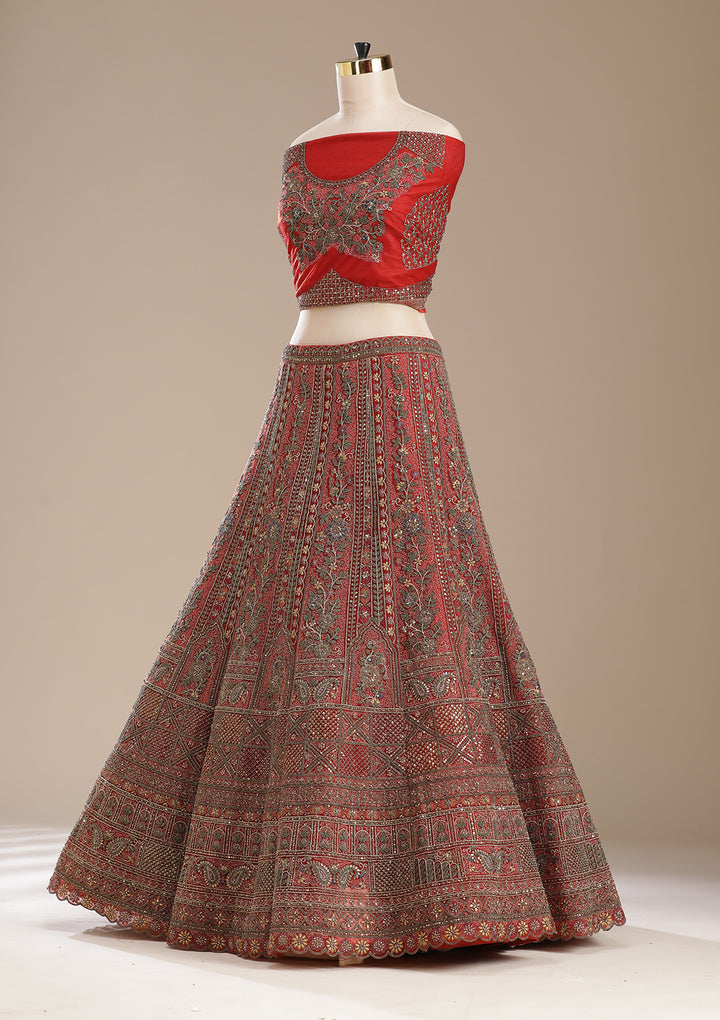 Rust Cording Net Semi-Stitched Lehenga