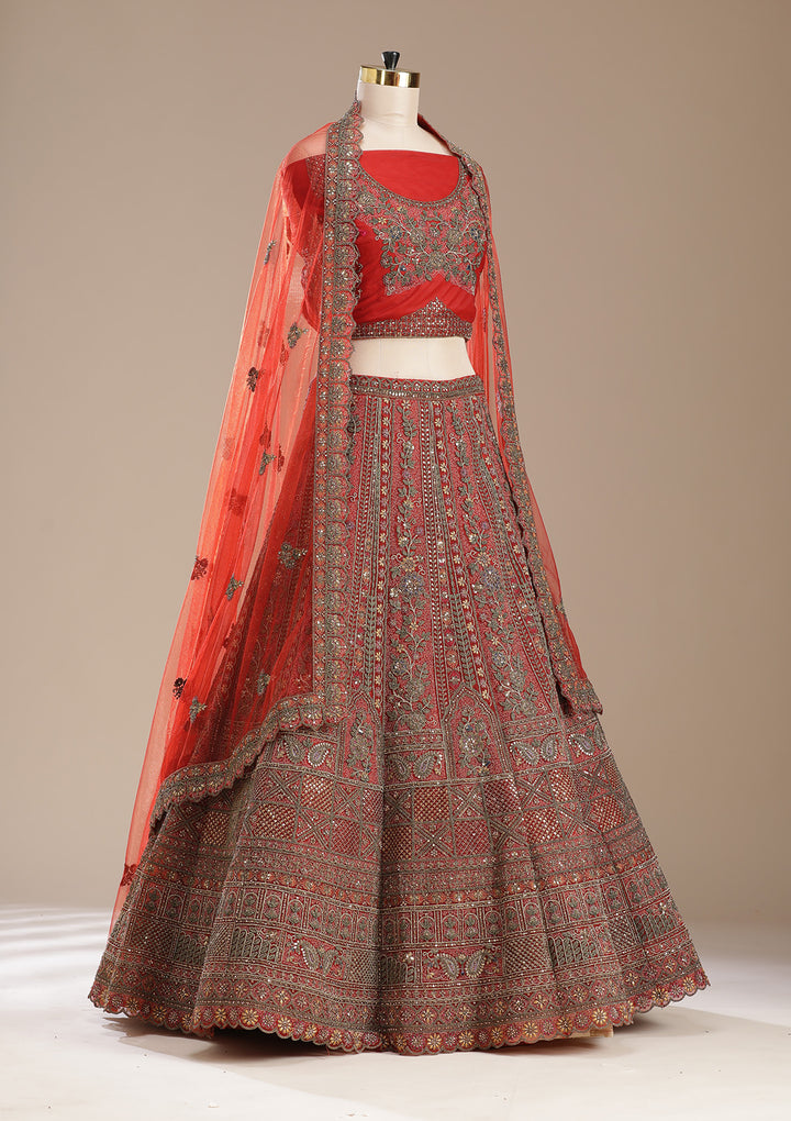 Rust Cording Net Semi-Stitched Lehenga