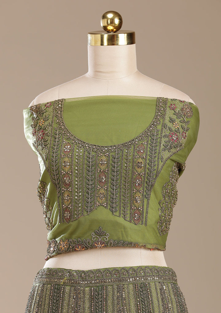 Mehendi Cording Net Semi-Stitched Lehenga