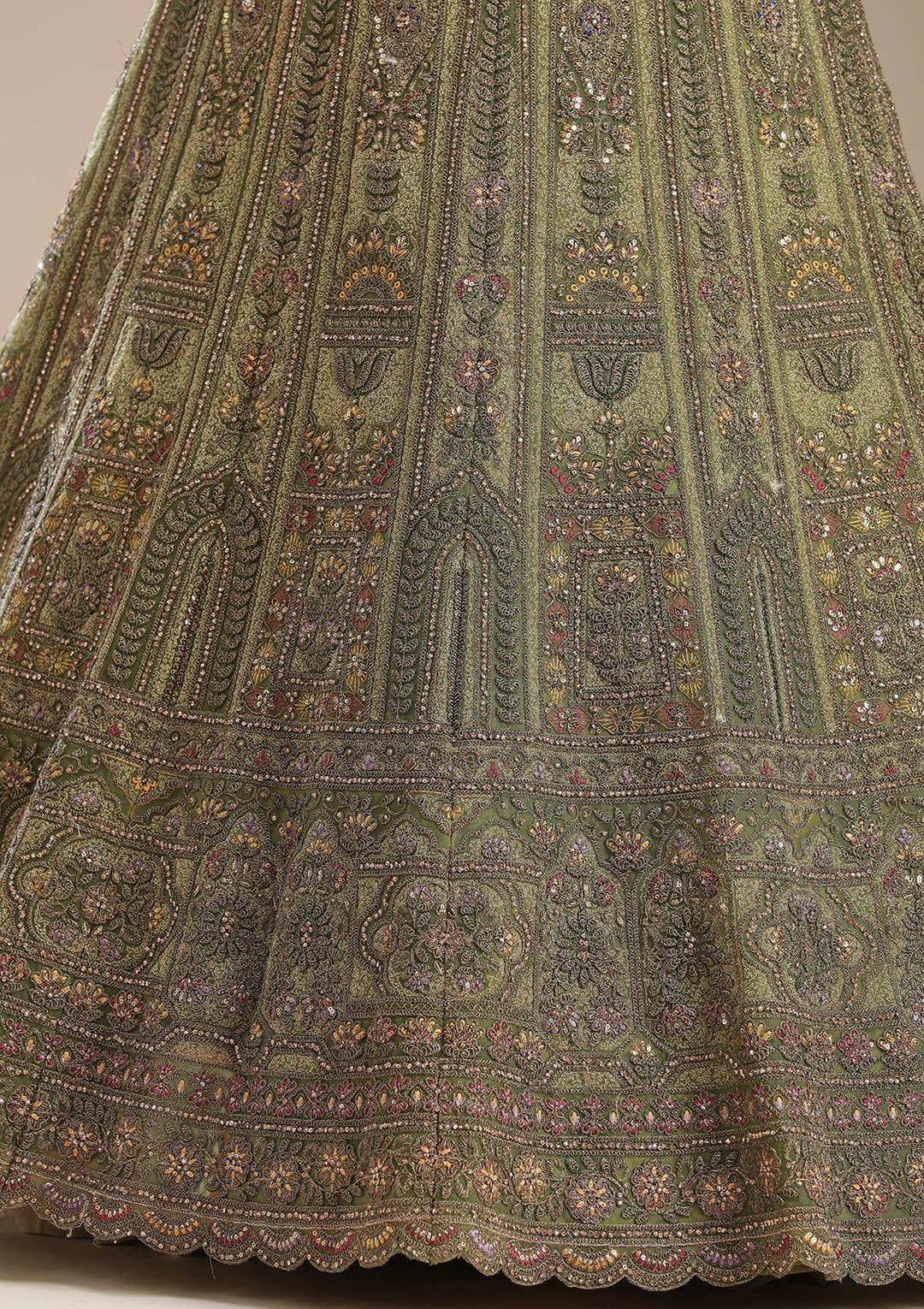 Mehendi Cording Net Semi-Stitched Lehenga