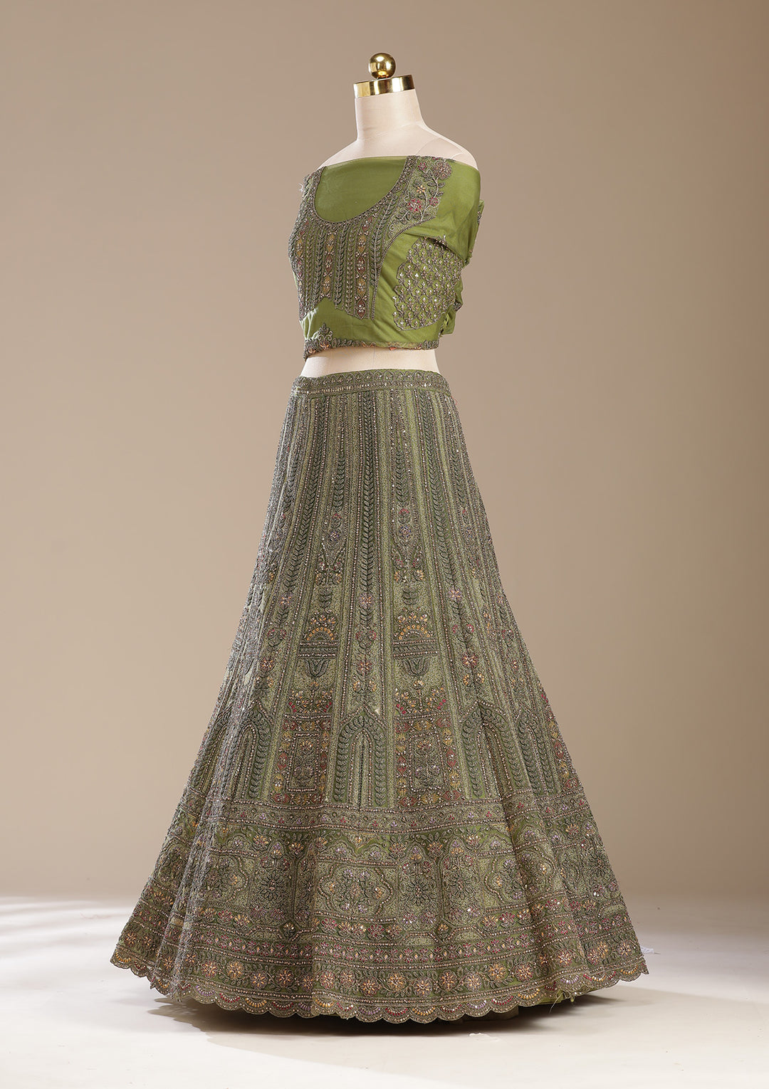 Mehendi Cording Net Semi-Stitched Lehenga