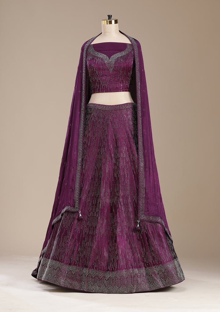 Wine Sequins Semi Crepe Semi-Stitched Lehenga