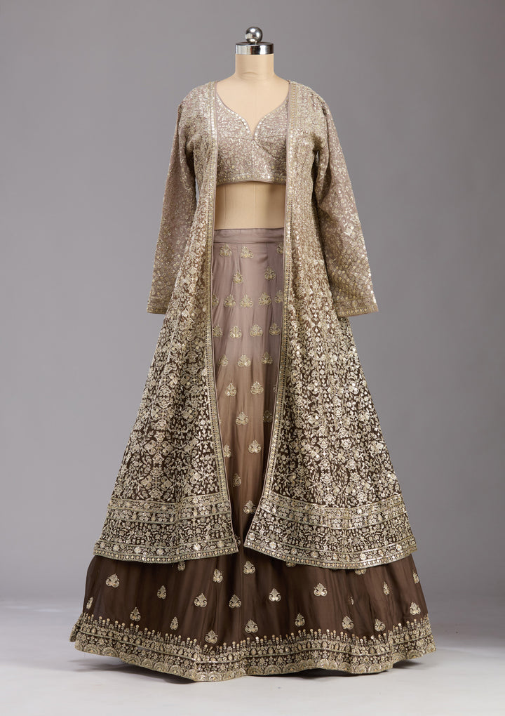 Brown Zardozi (Gold) Georgette Readymade Lehenga