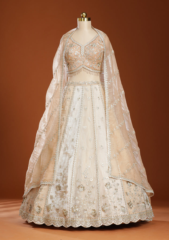 Off White Zariwork Organza Semi-Stitched Lehenga
