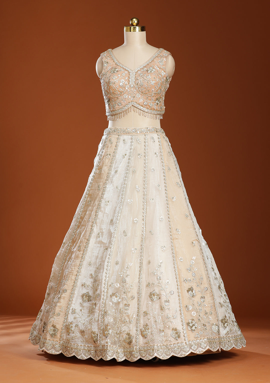 Off White Zariwork Organza Semi-Stitched Lehenga