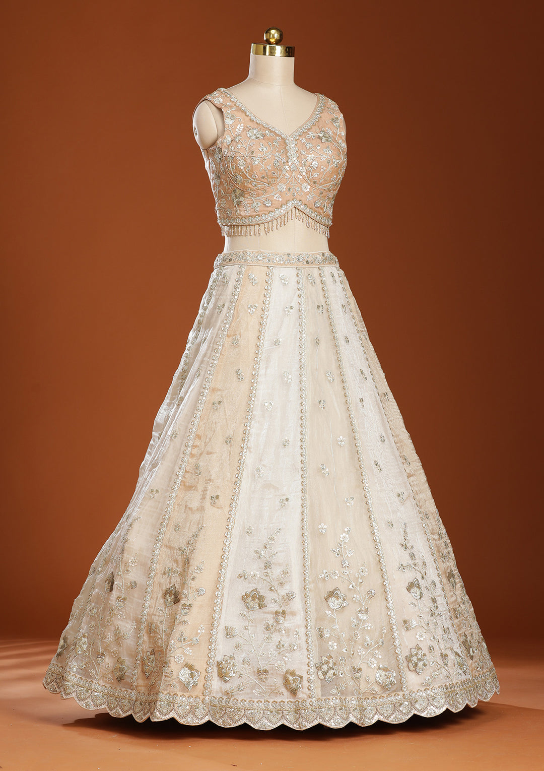 Off White Zariwork Organza Semi-Stitched Lehenga