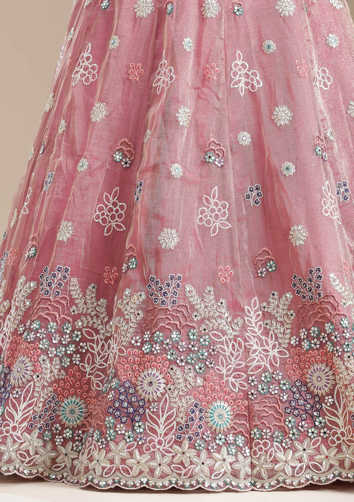 Pink Threadwork Organza Semi-Stitched Lehenga